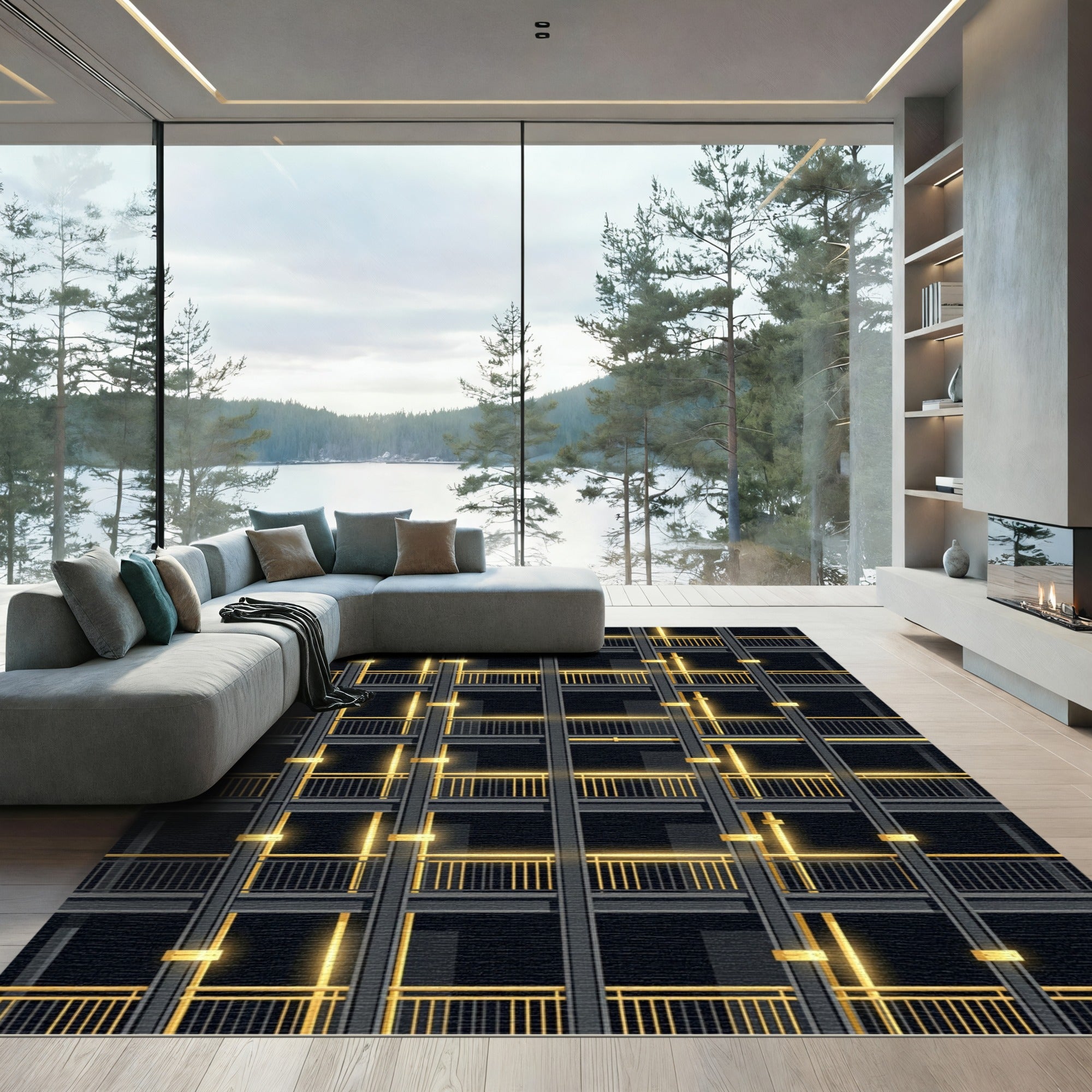 Dark Gray Gold Balcony Grid Rug