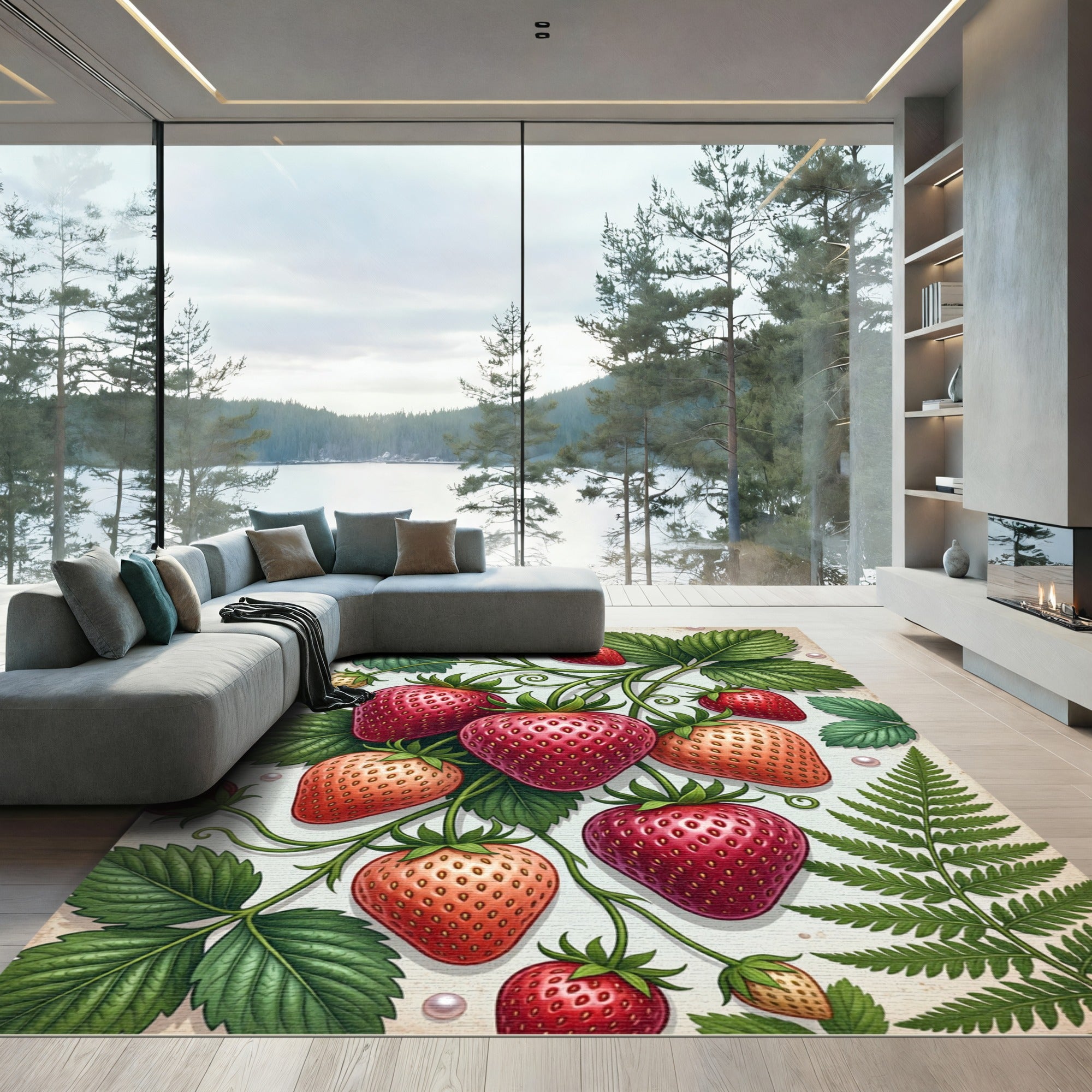 Romantic Strawberry Botanical Orchard Illustration Rug