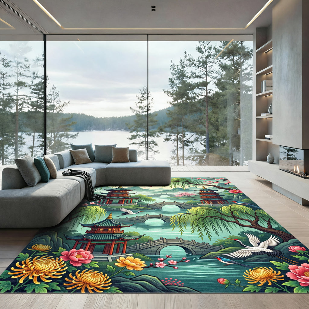 Serene Pagoda Garden Crane Blossom Landscape Rug
