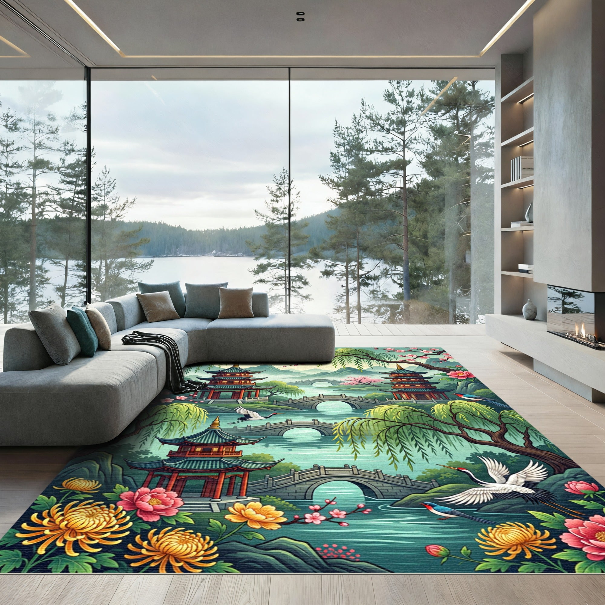 Serene Pagoda Garden Crane Blossom Landscape Rug