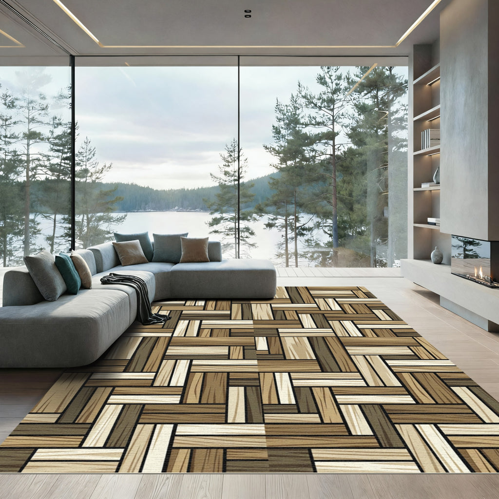 Woven Earthy Tones Striped Plank Grid Rug