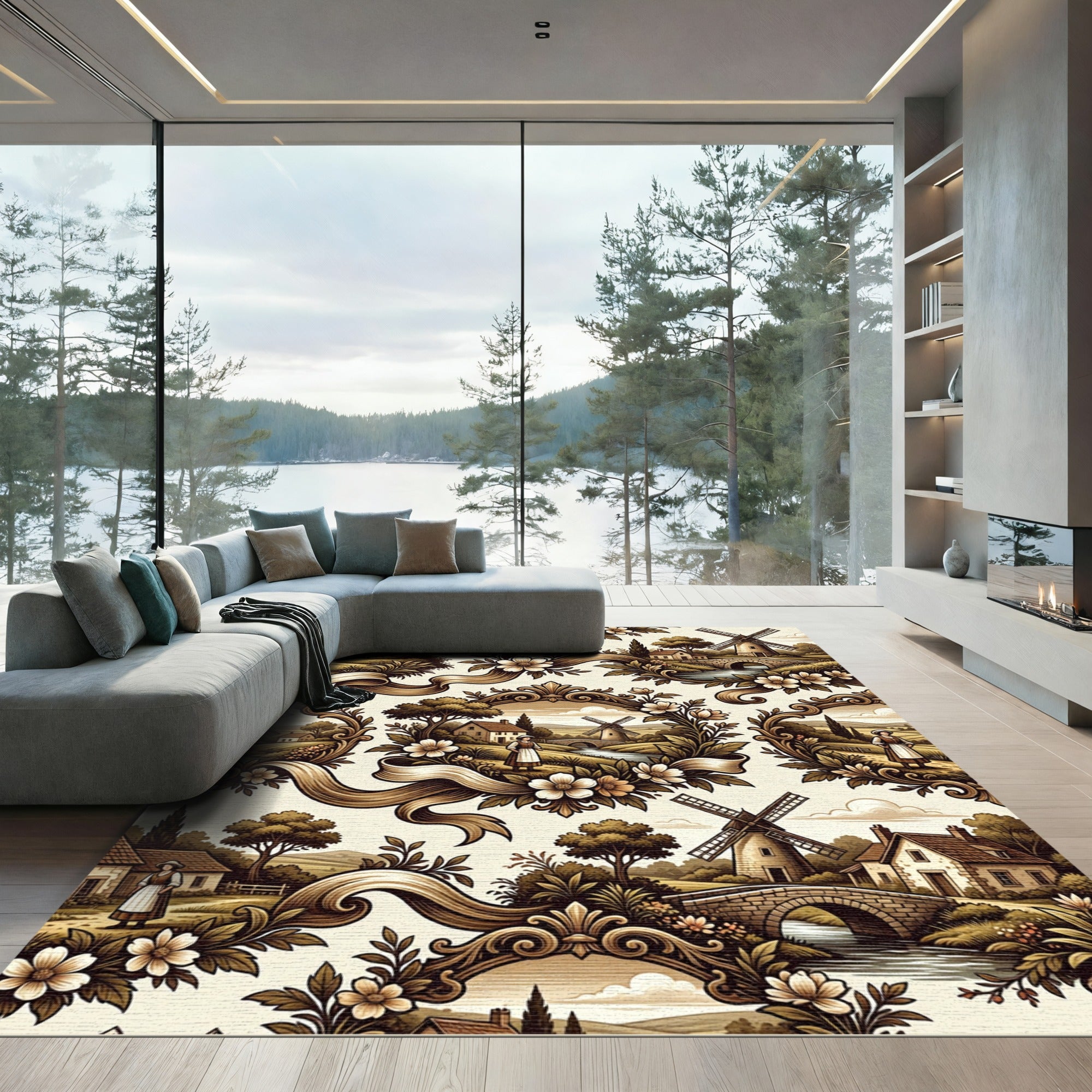 Ornate Brown Countryside Village Mill Rug
