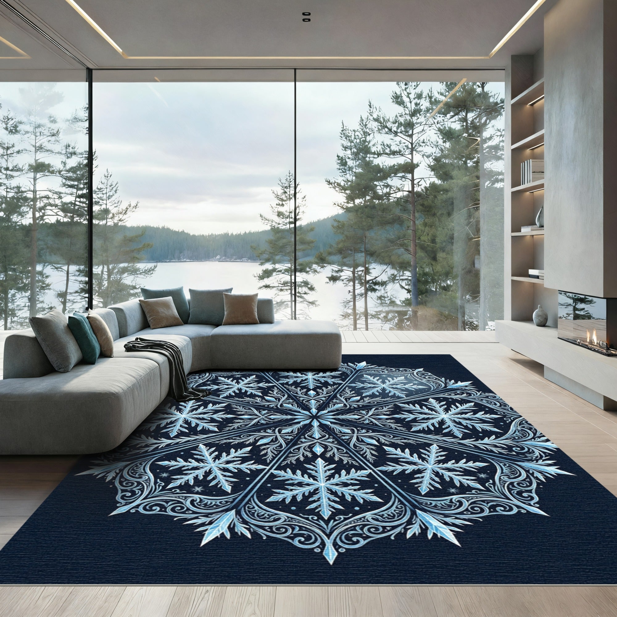 Icy Blue Winter Snowflake Medallion Rug