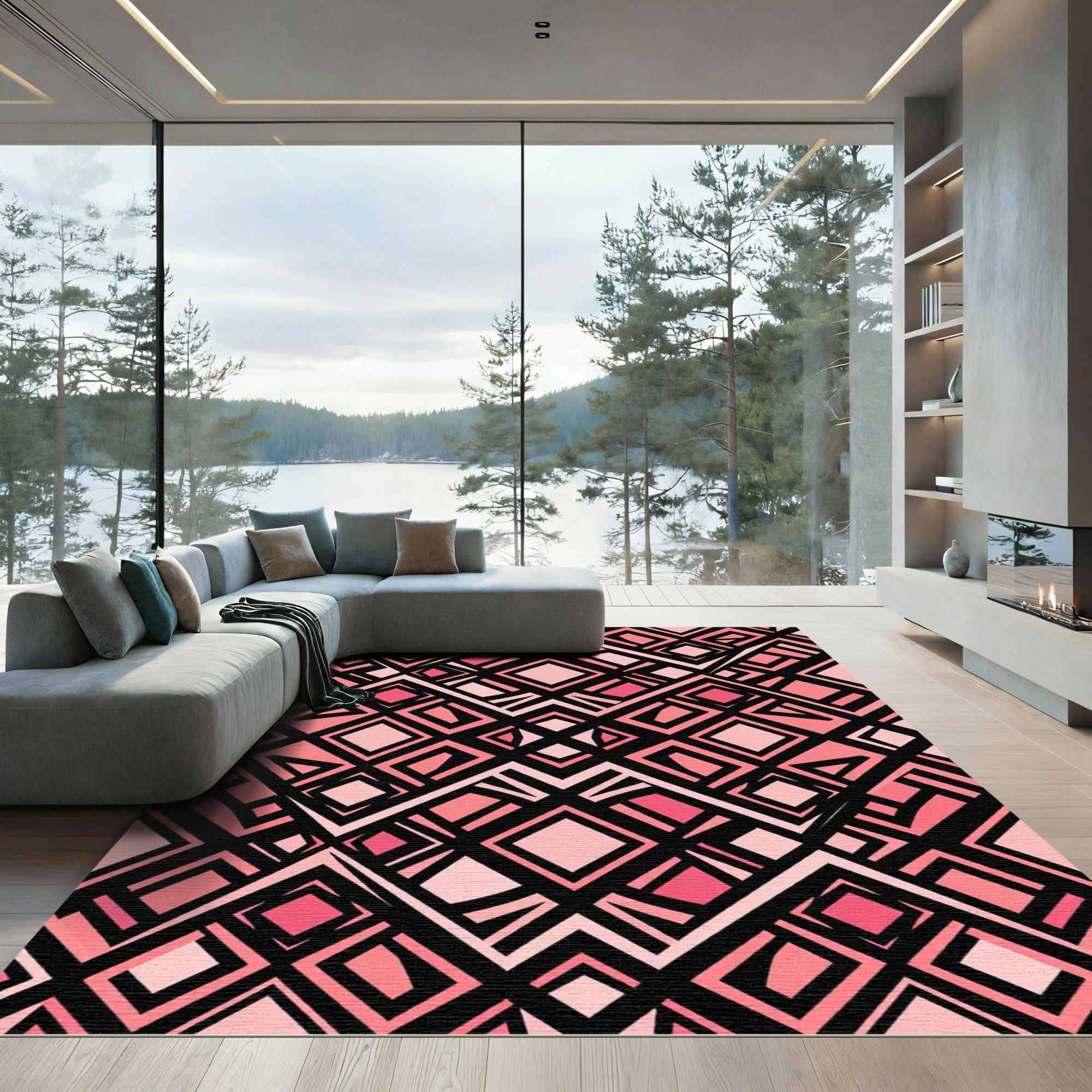 Blush Pink Geometric Diamond Grid Rug