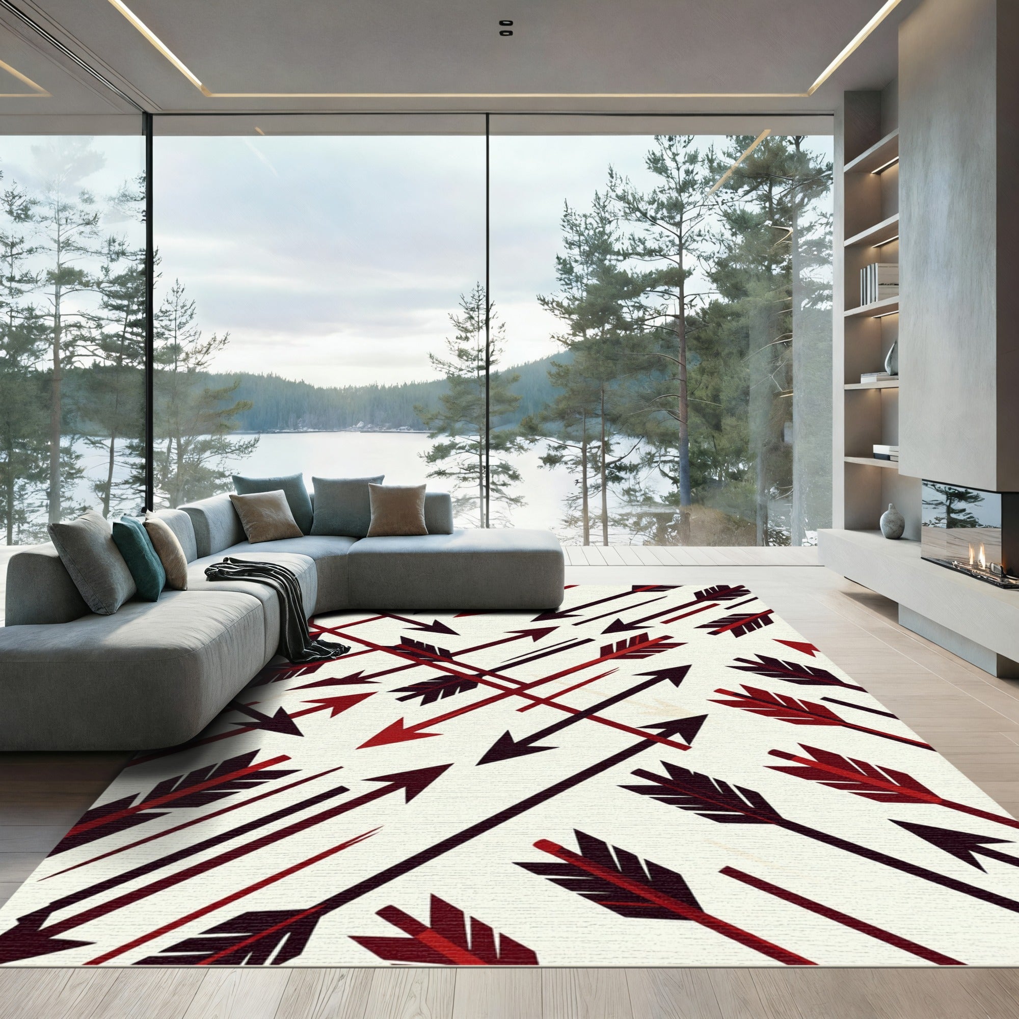 Geometric Crimson Arrow Composition Rug