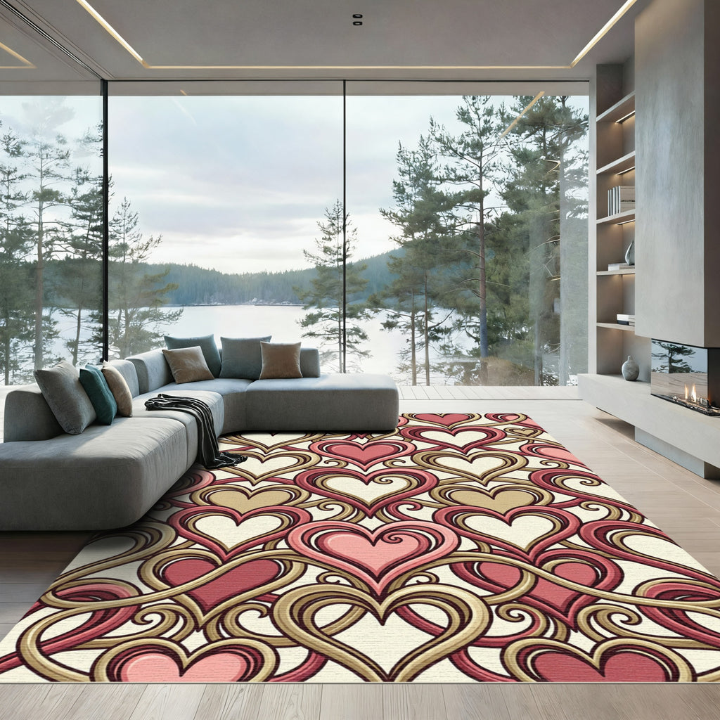 Romantic Pink Gold Heart Swirl Rug