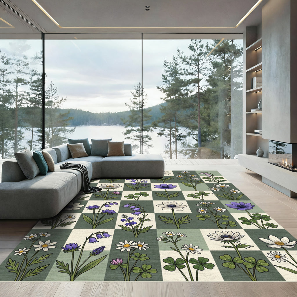 Sage Green Checkerboard Wildflower Meadow Rug