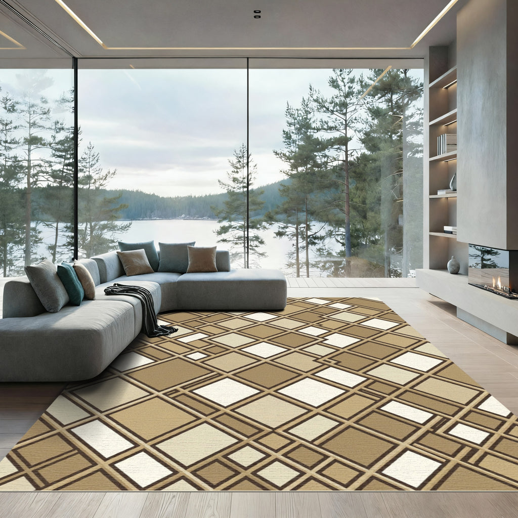 Modern Earthy Geometric Square Mosaic Rug