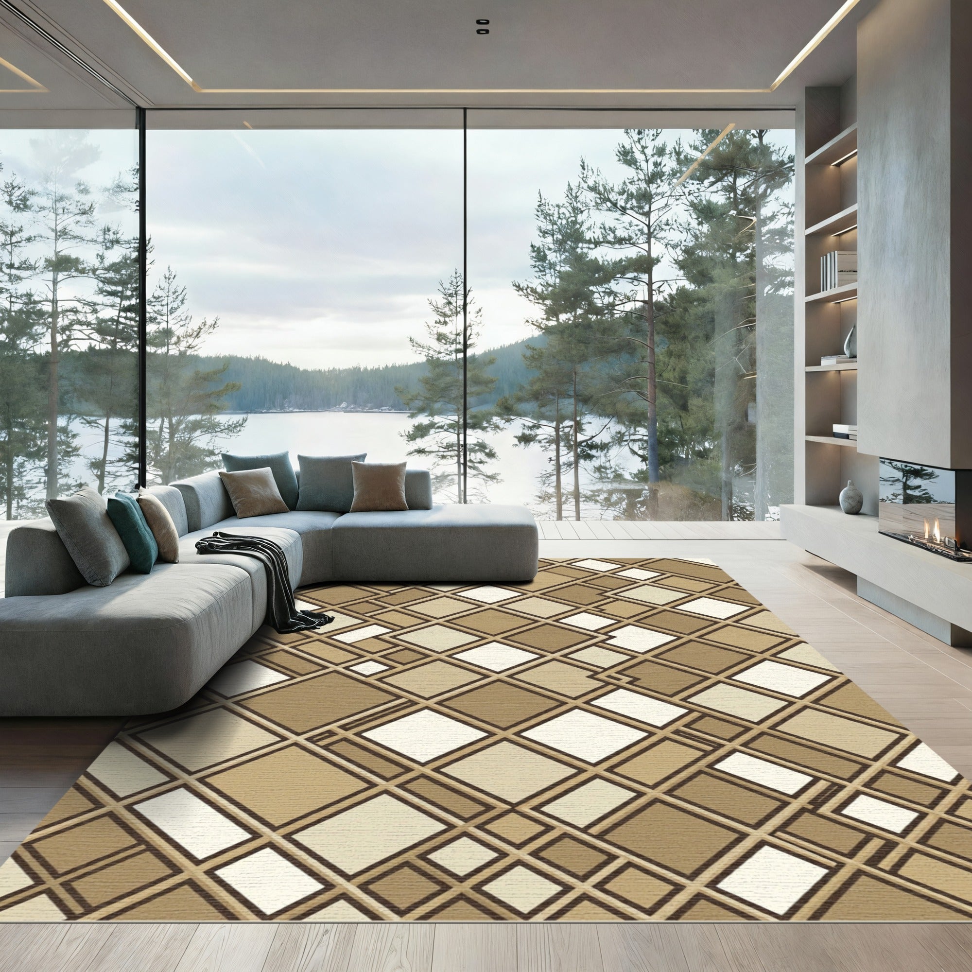Modern Earthy Geometric Square Mosaic Rug