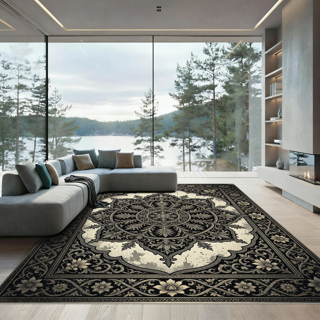 Ornate Charcoal Black Floral Medallion Rug