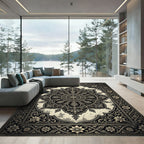 Ornate Charcoal Black Floral Medallion Rug