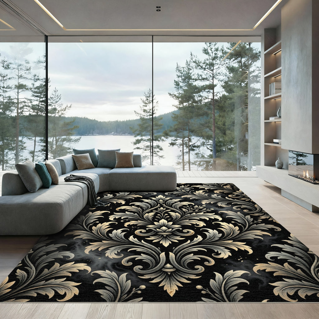 Ornate Black and Gold Damask Swirls Rug