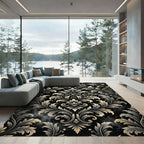 Ornate Black and Gold Damask Swirls Rug