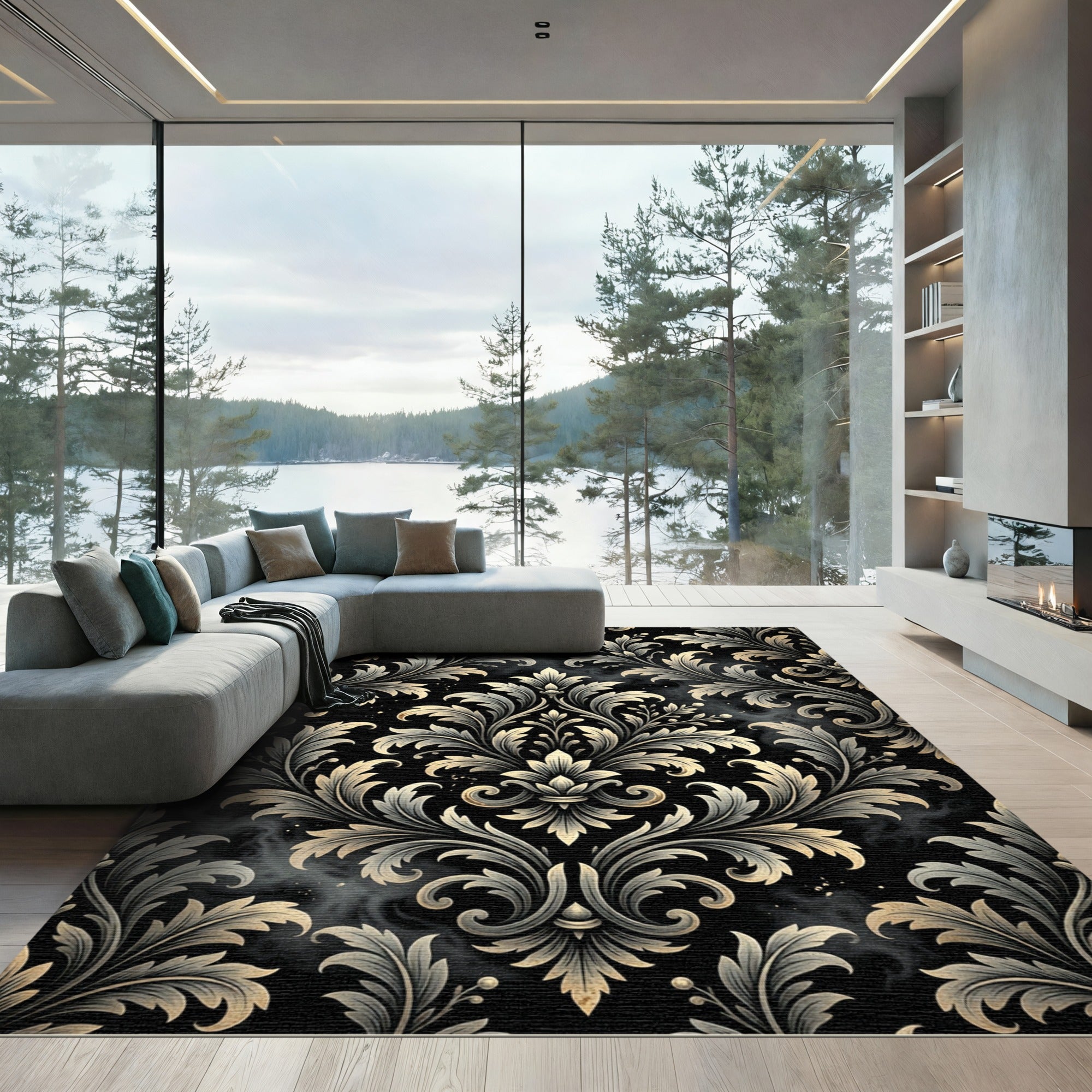 Ornate Black and Gold Damask Swirls Rug