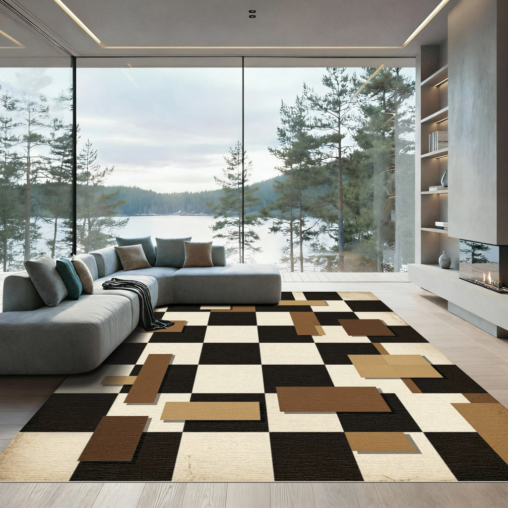 Brown Cream Checkerboard Geometric Rectangles Rug
