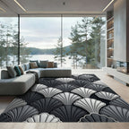 Sophisticated Monochrome Scalloped Art Deco Shell Rug