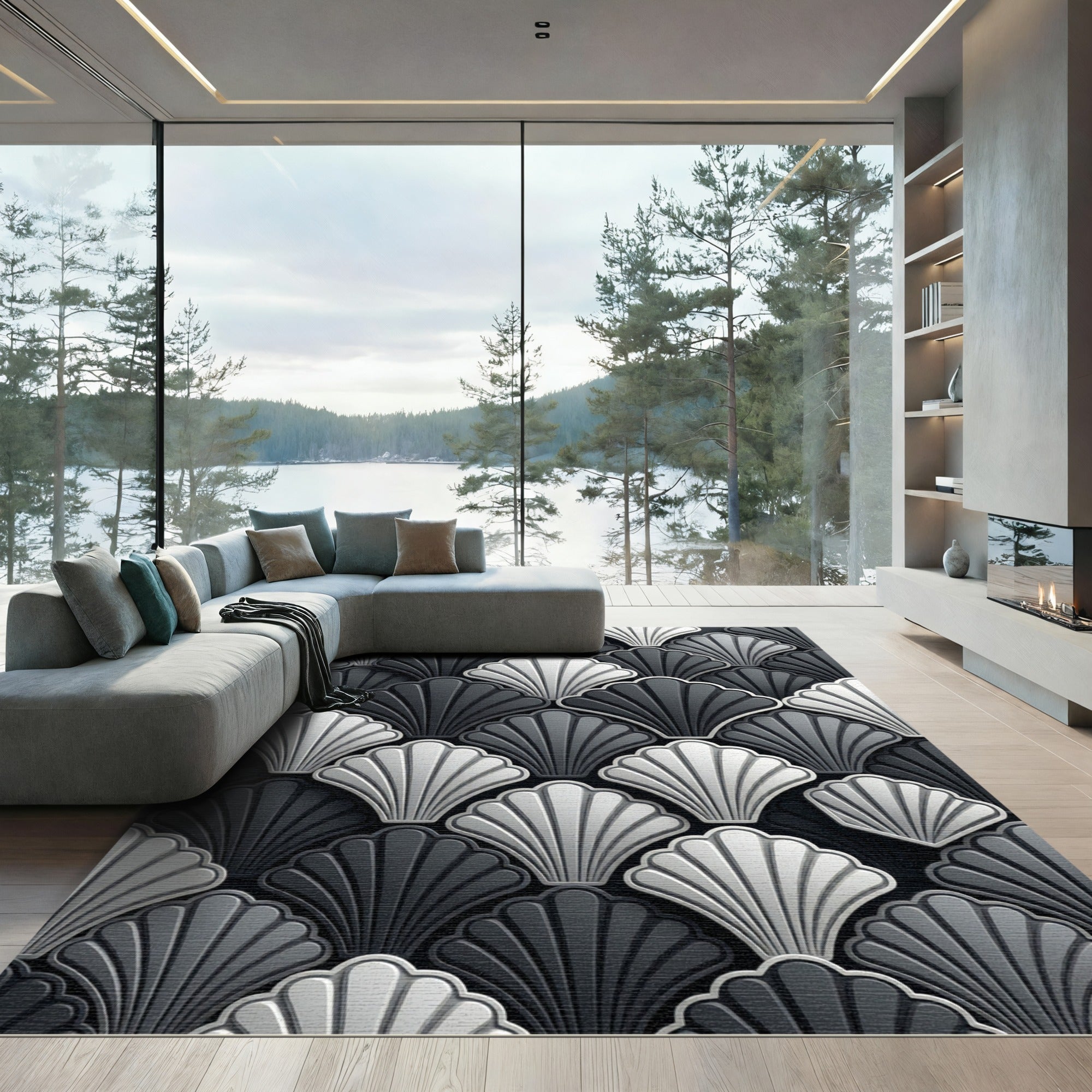 Sophisticated Monochrome Scalloped Art Deco Shell Rug