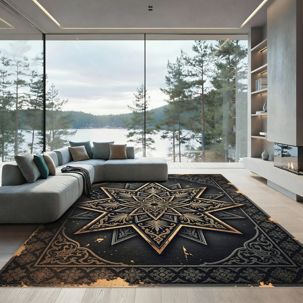 Ornate Black and Gold Star Medallion Rug