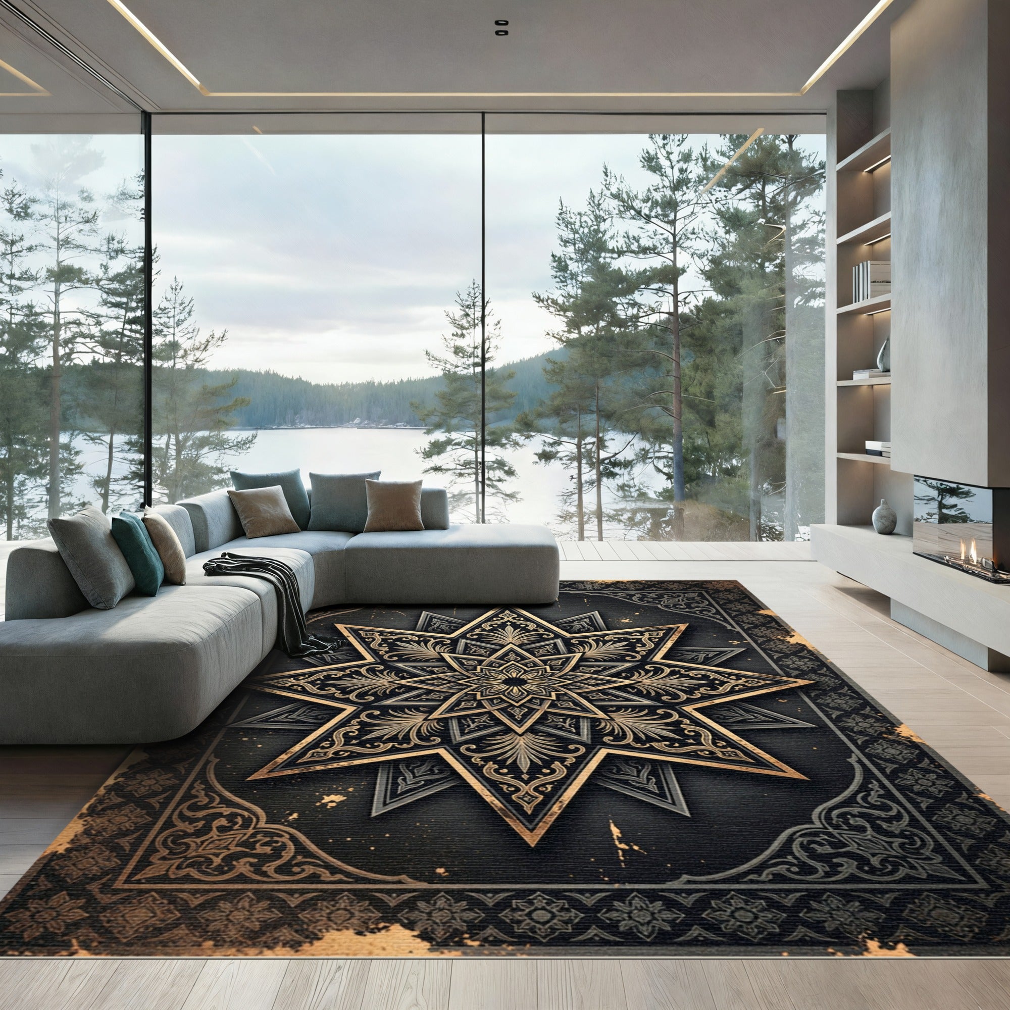 Ornate Black and Gold Star Medallion Rug