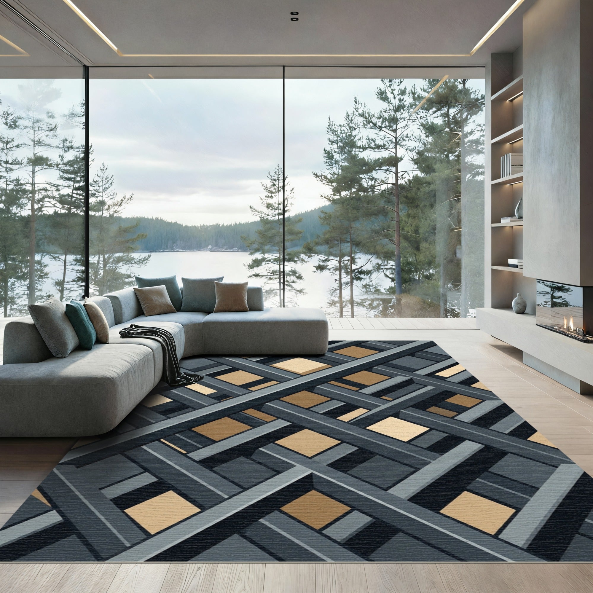 Geometric Charcoal and Gold Lattice Rug