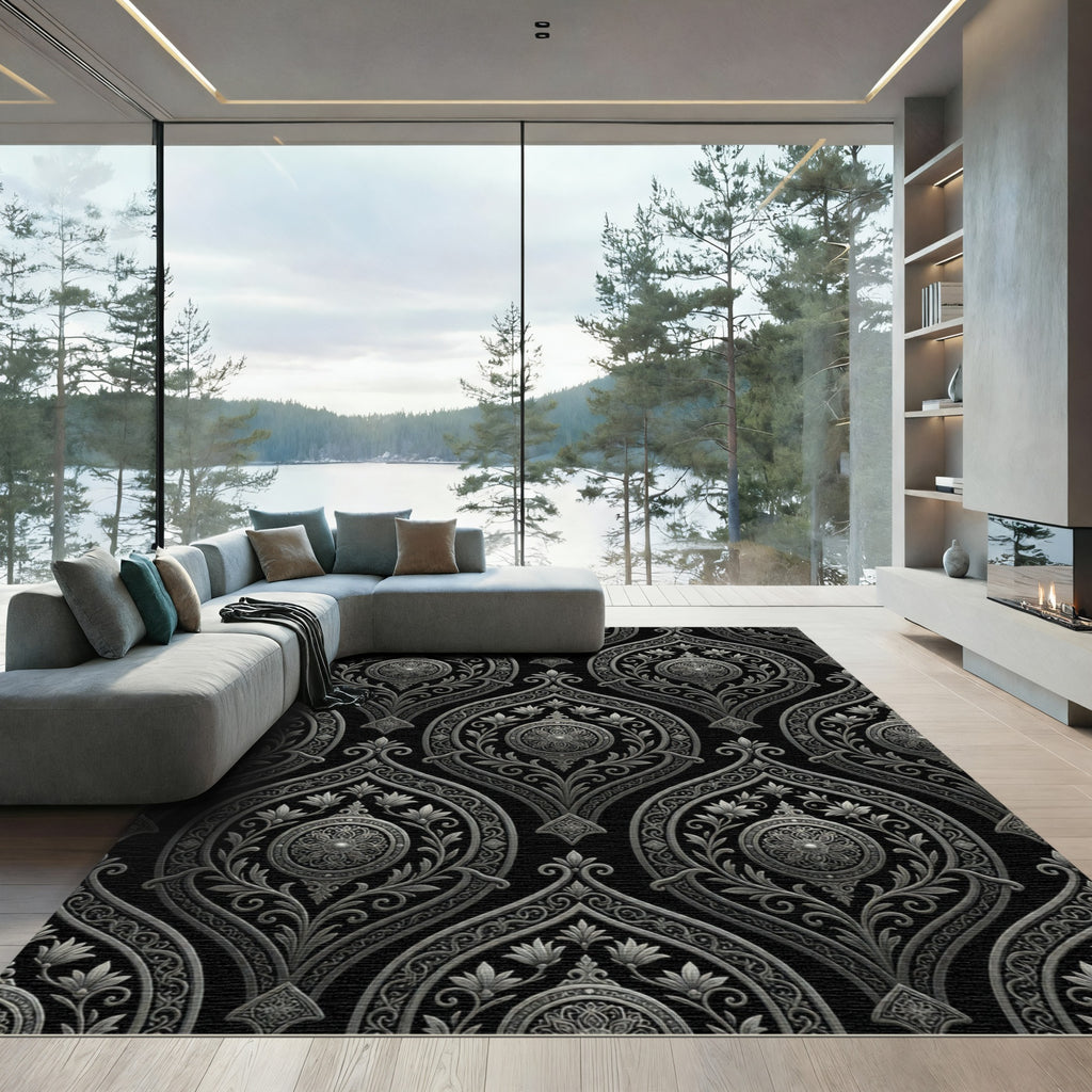 Elegant Metallic Silver Damask Medallion Rug