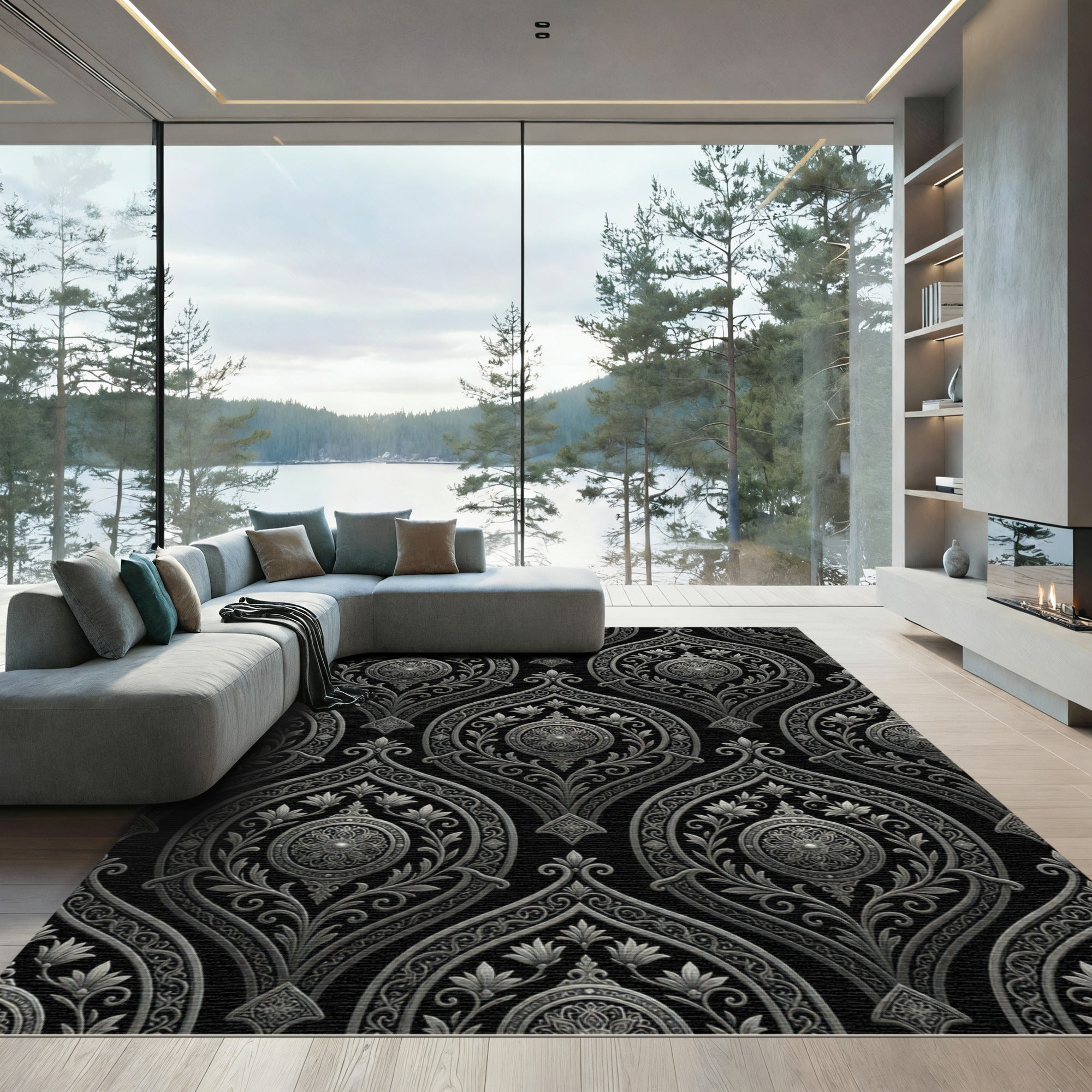 Elegant Metallic Silver Damask Medallion Rug