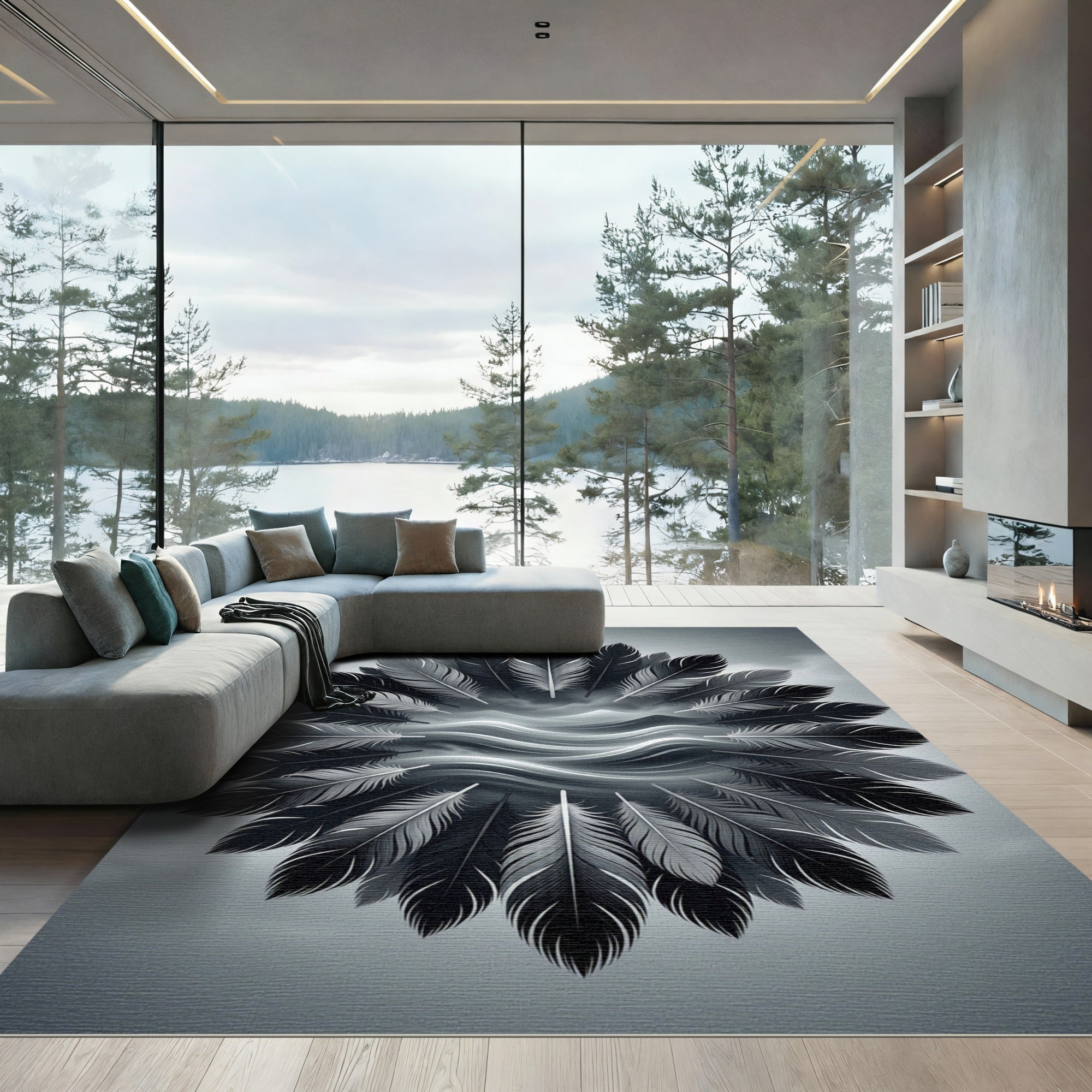 Monochrome Feather Mandala With Waves Rug