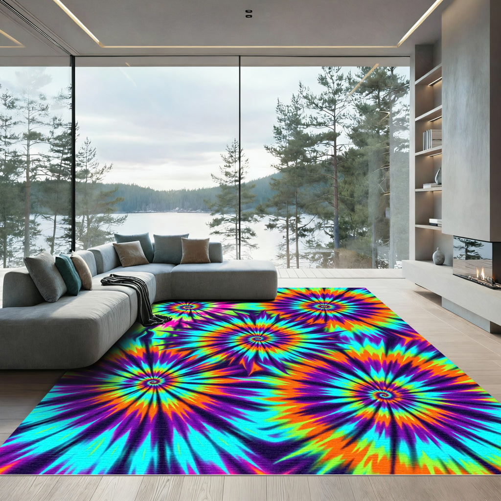 Electric Neon Psychedelic Spiral Burst Rug