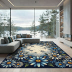 Blue Daisy Floral Botanical Border Rug