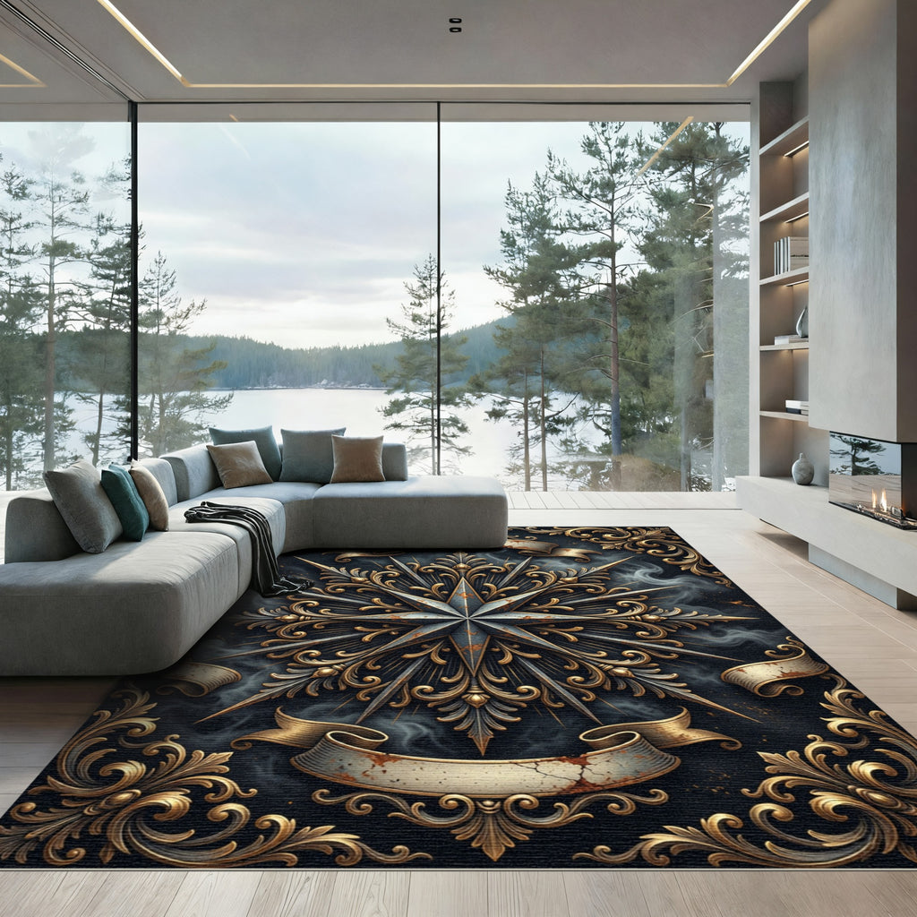 Antique Gold Ornate Celestial Star Art Rug