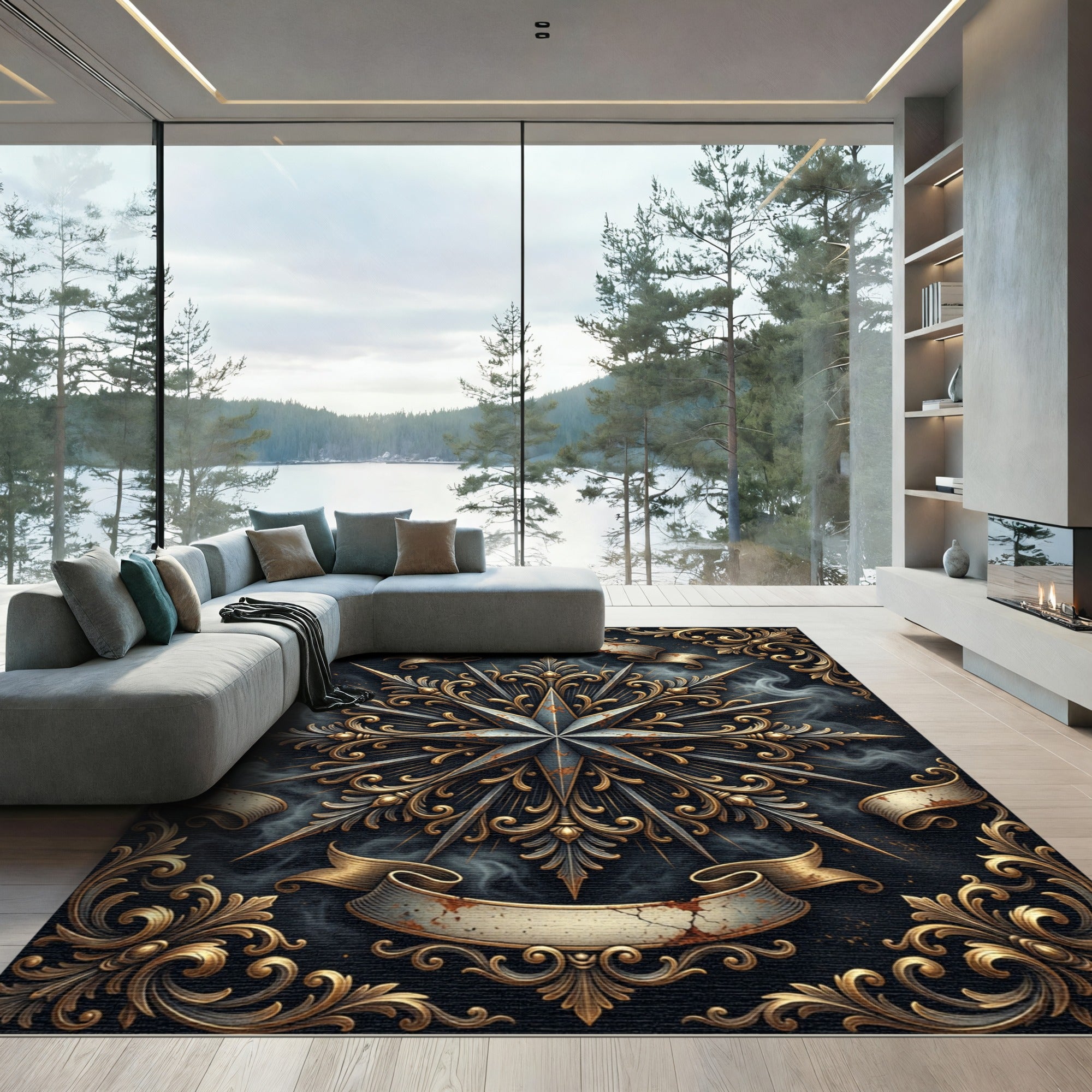 Antique Gold Ornate Celestial Star Art Rug