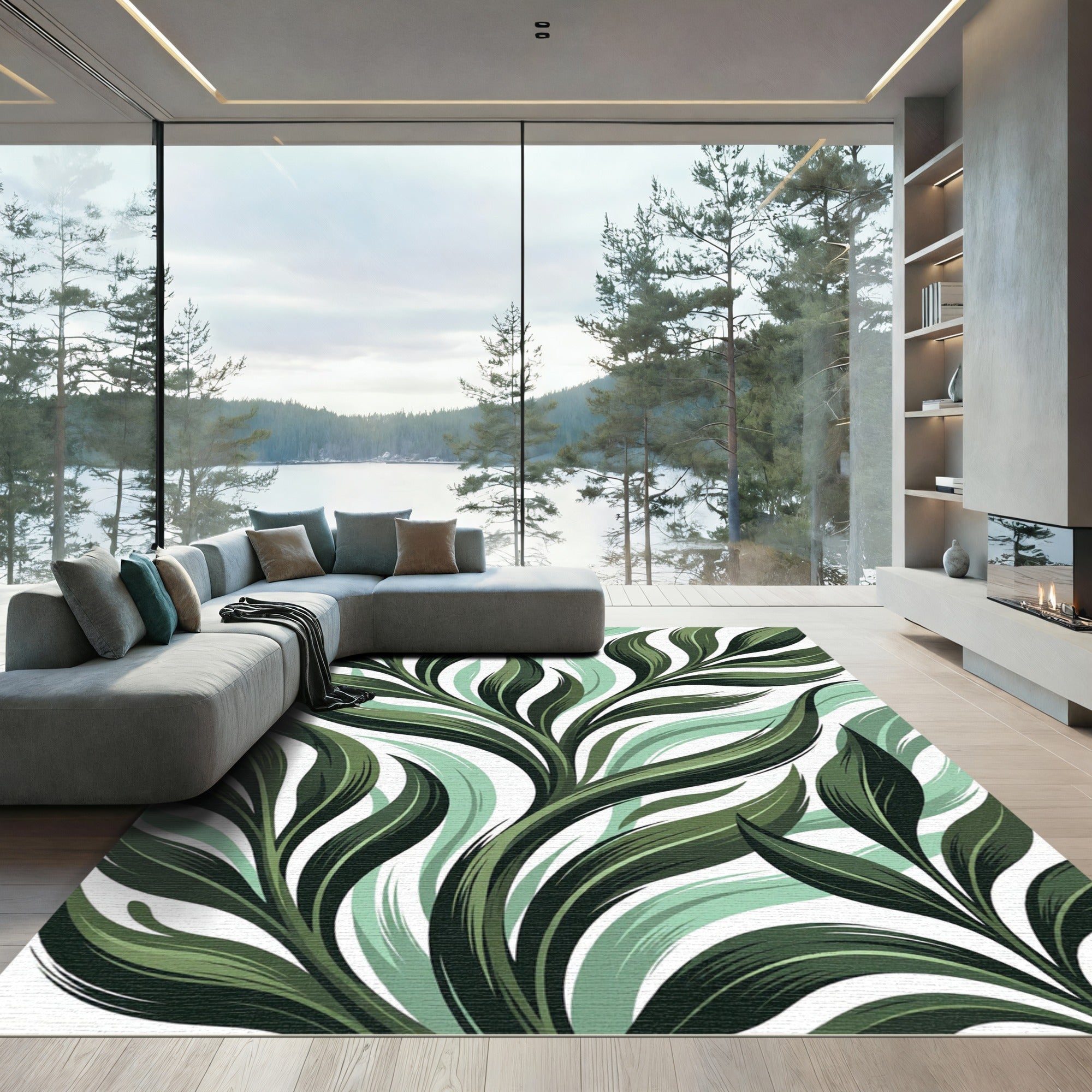 Deep Green Lush Foliage Swirl Rug