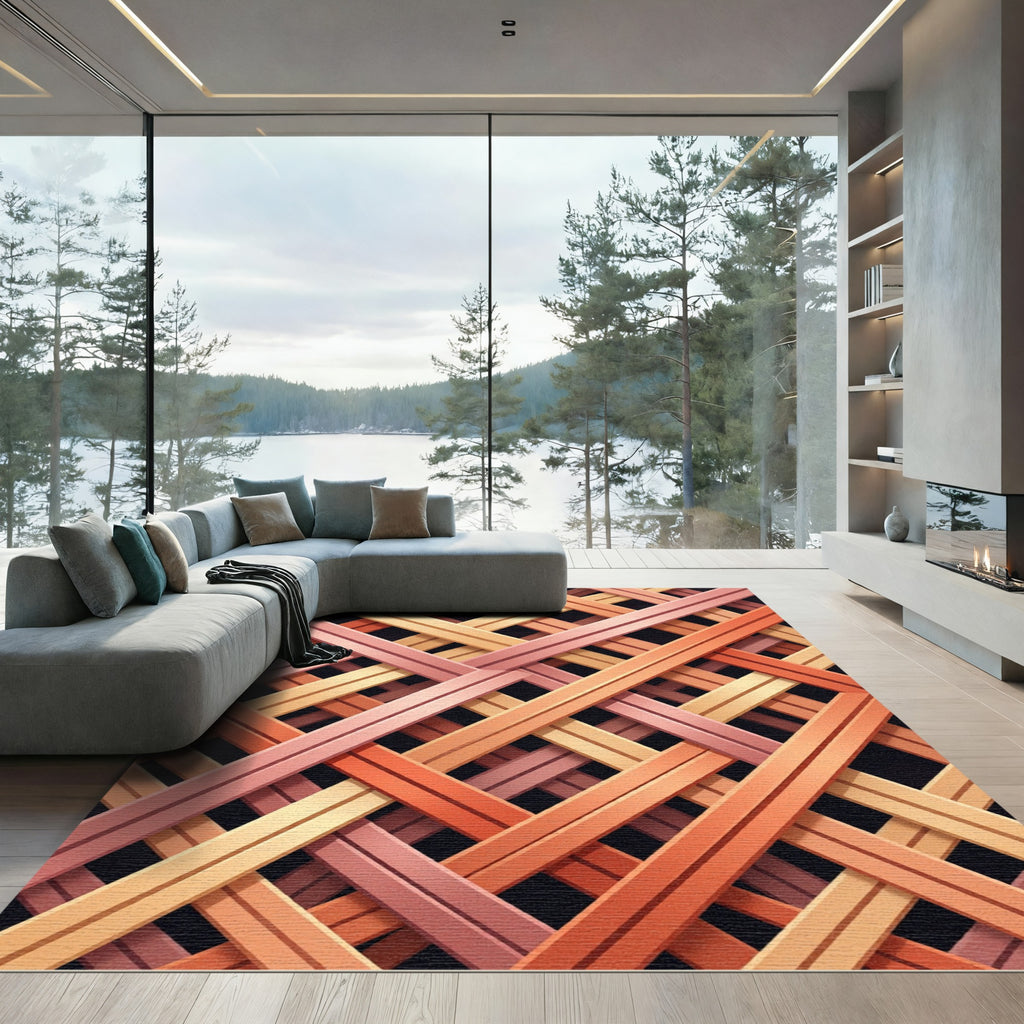 Warm Orange Woven Intersecting Bands Rug
