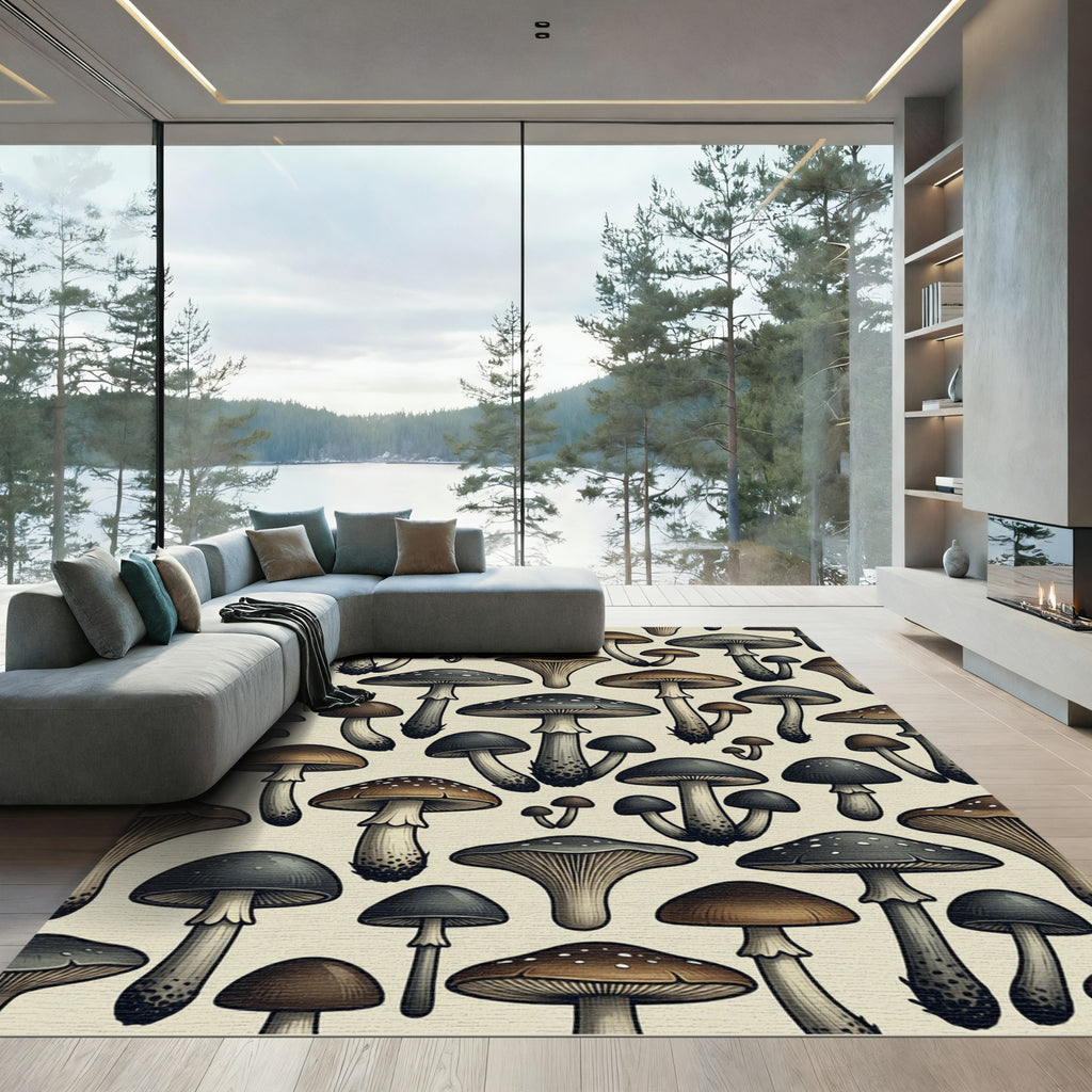 Whimsical Woodland Mushroom Earth Tone Illustration Rug