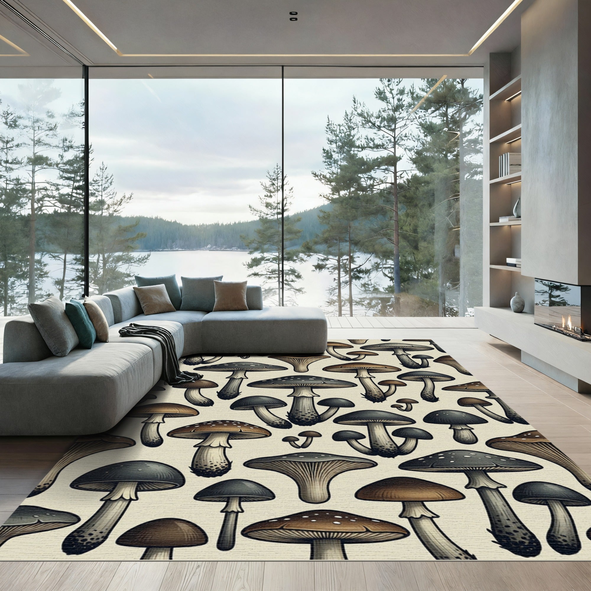 Whimsical Woodland Mushroom Earth Tone Illustration Rug