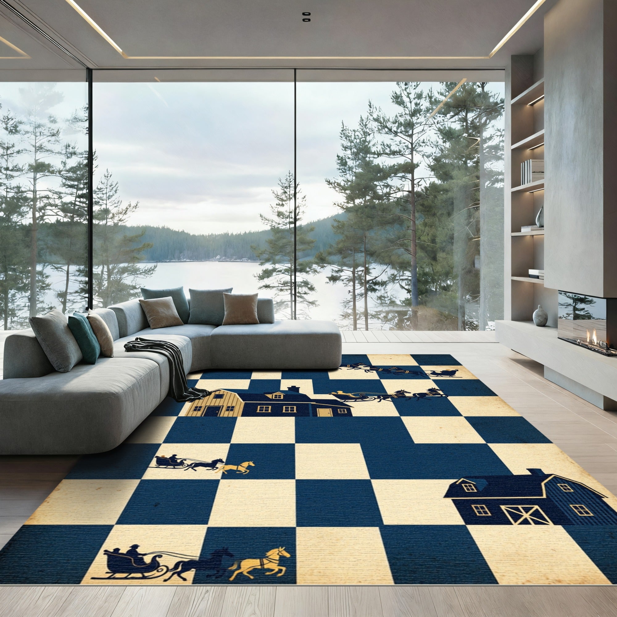 Navy Sleigh Cabin Checkerboard Folk Art Rug
