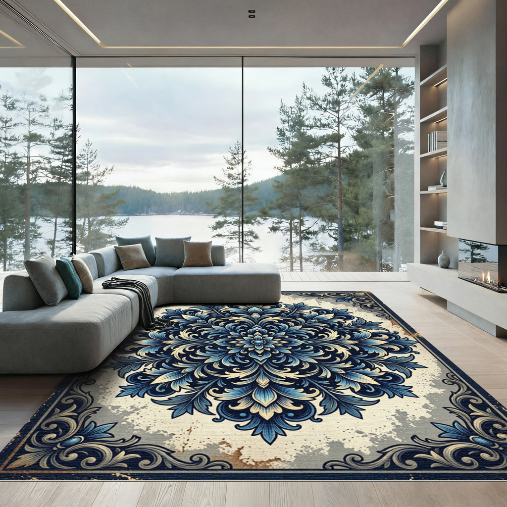 Intricate Navy Blue Floral Mandala Rug
