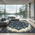 Intricate Navy Blue Floral Mandala Rug