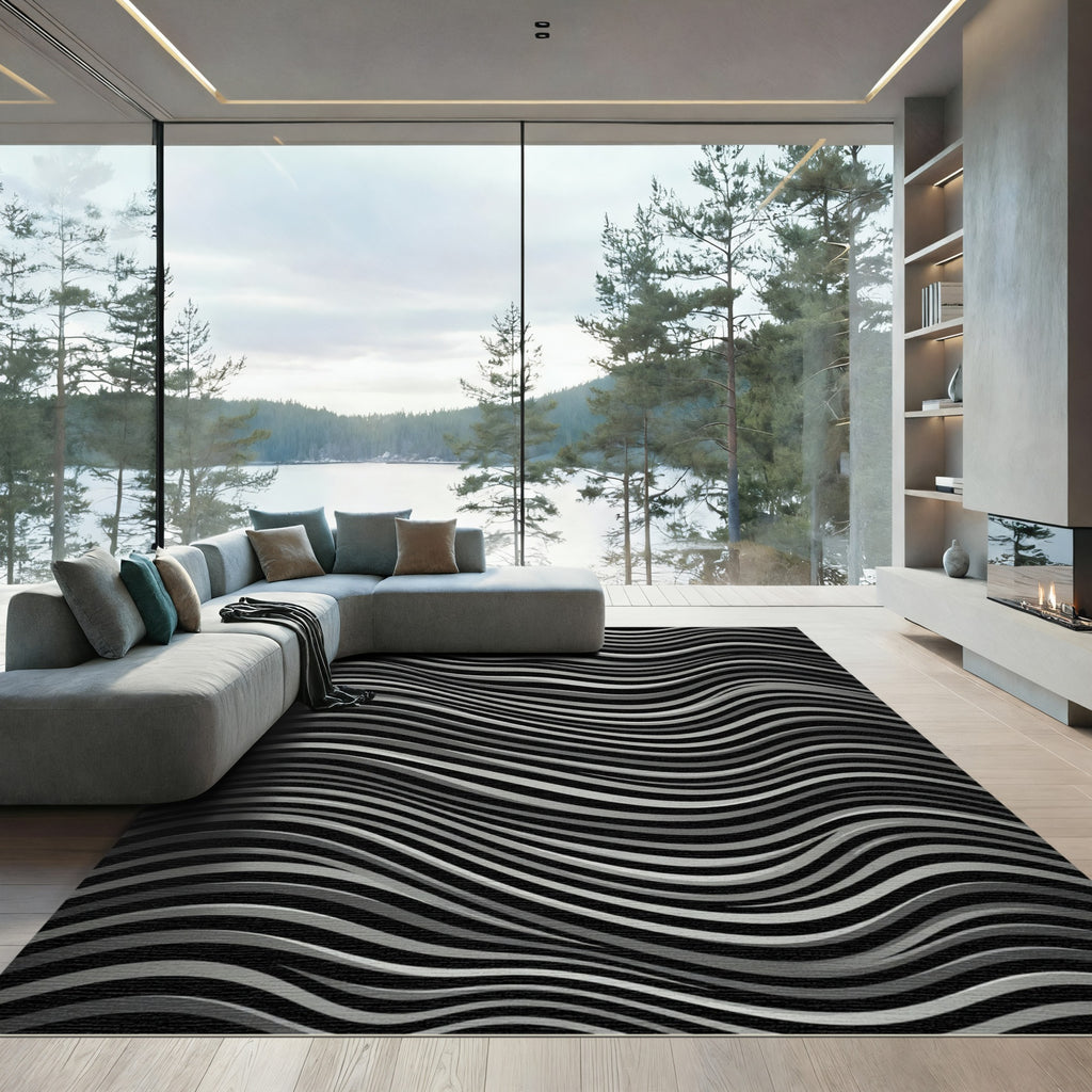 Abstract Black Gray Wavy Lines Rug