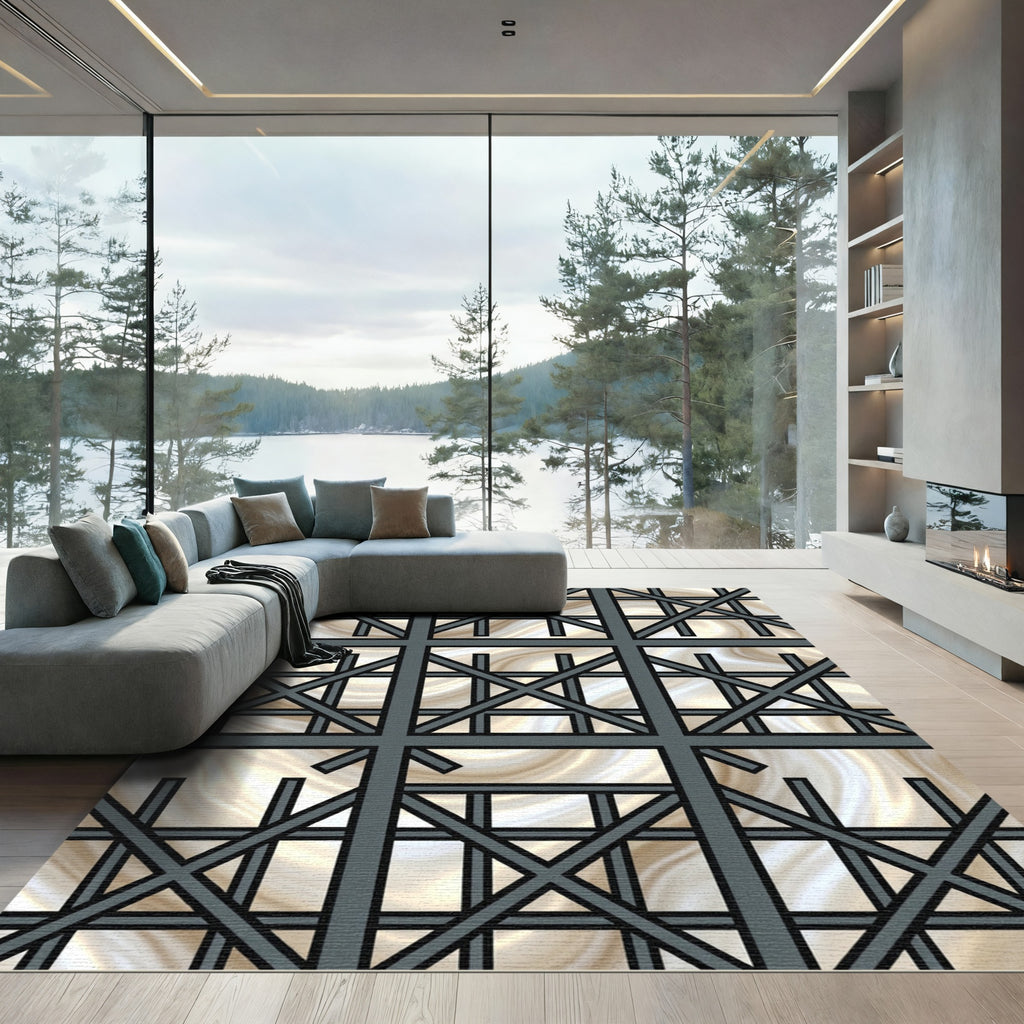 Contemporary Gray Lattice Swirl Rug