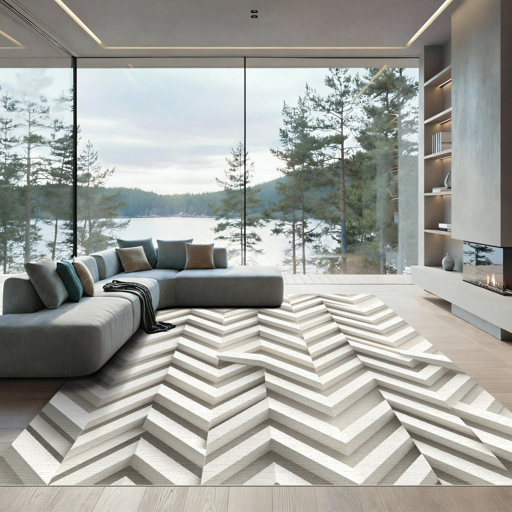 Minimalist White Chevron 3D Geometric Rug