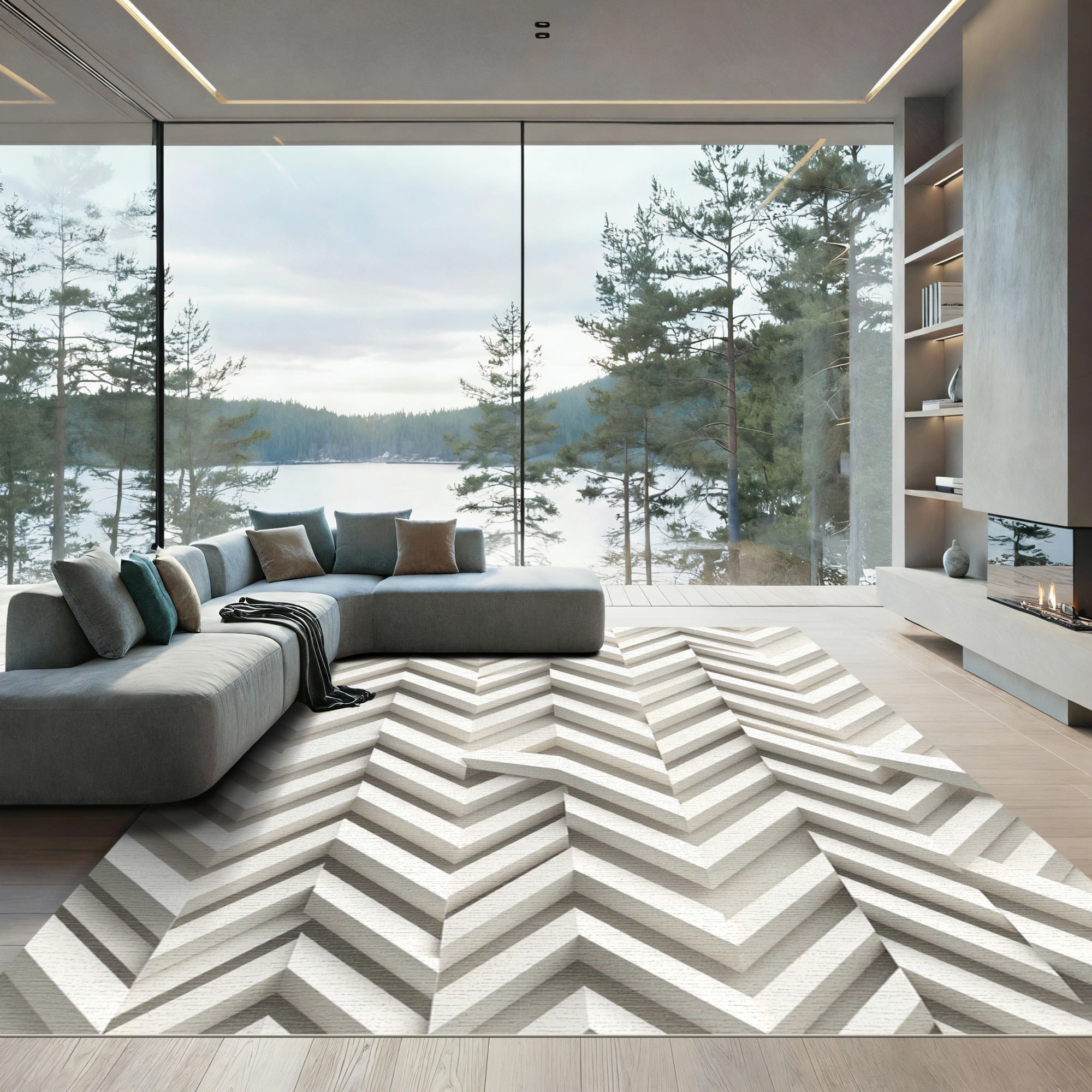 Minimalist White Chevron 3D Geometric Rug