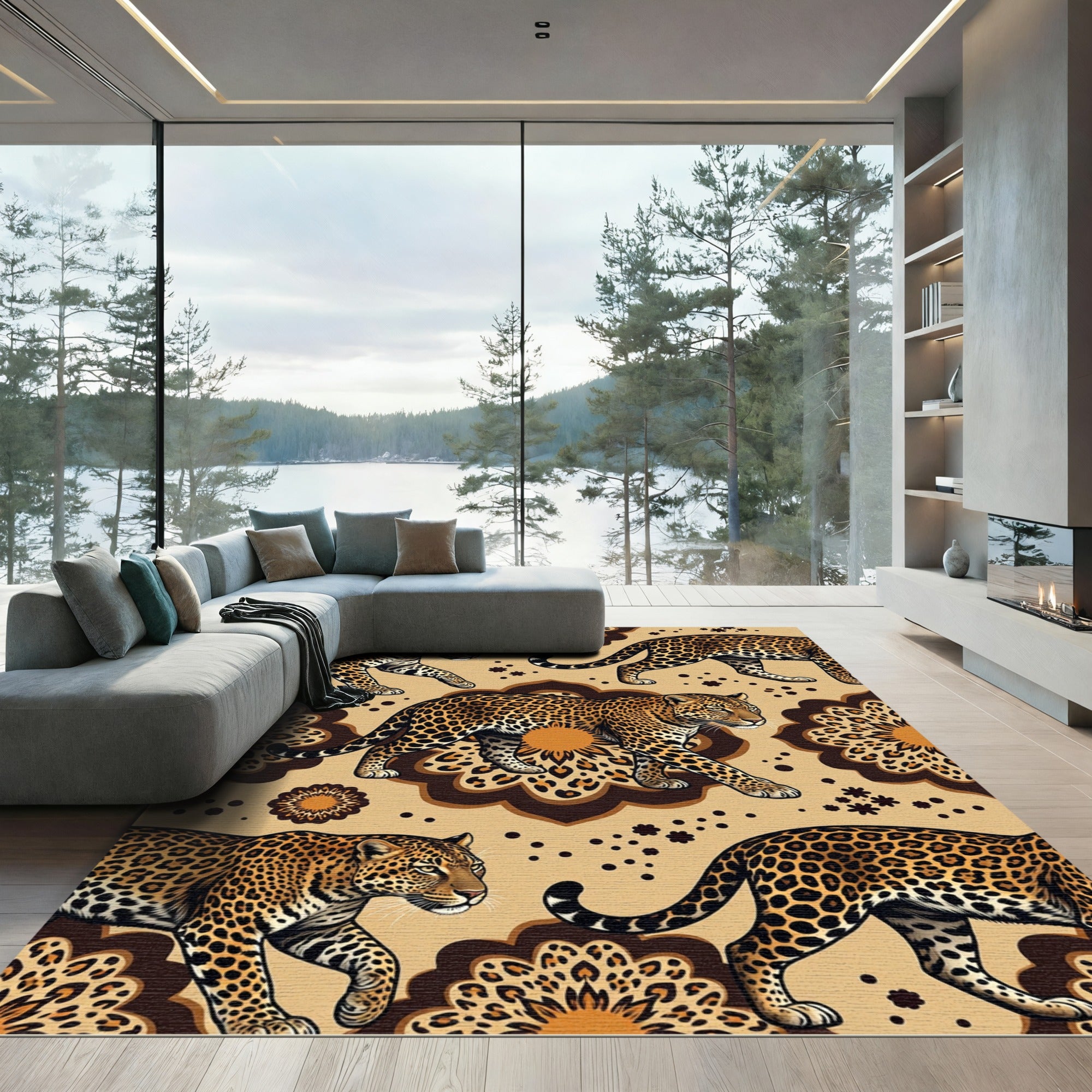 Golden Leopard Safari Mandala Medallion Rug