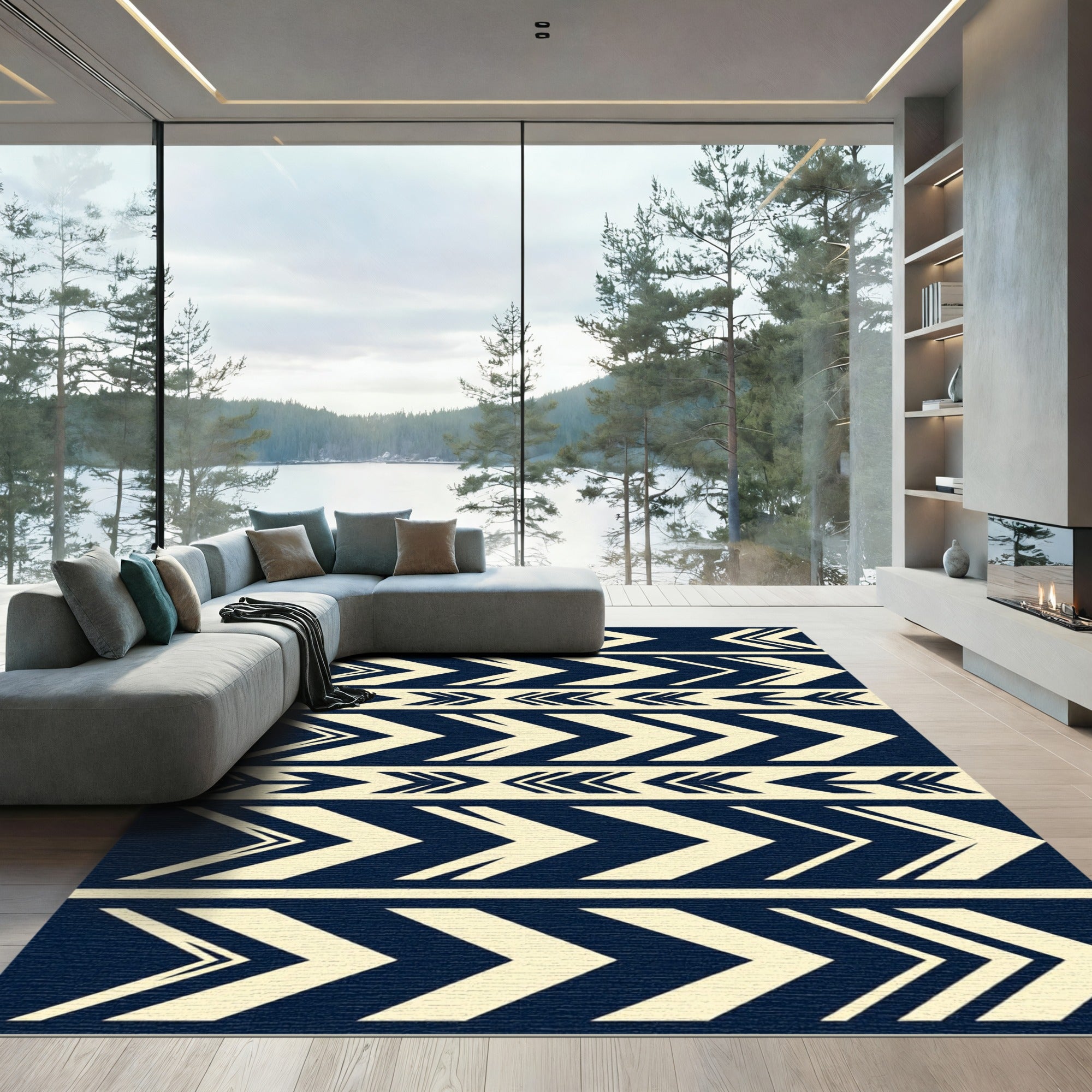 Navy Cream Geometric Chevron Striped Rug