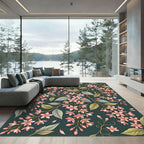Ethereal Pink Blossom Dark Teal Botanical Rug