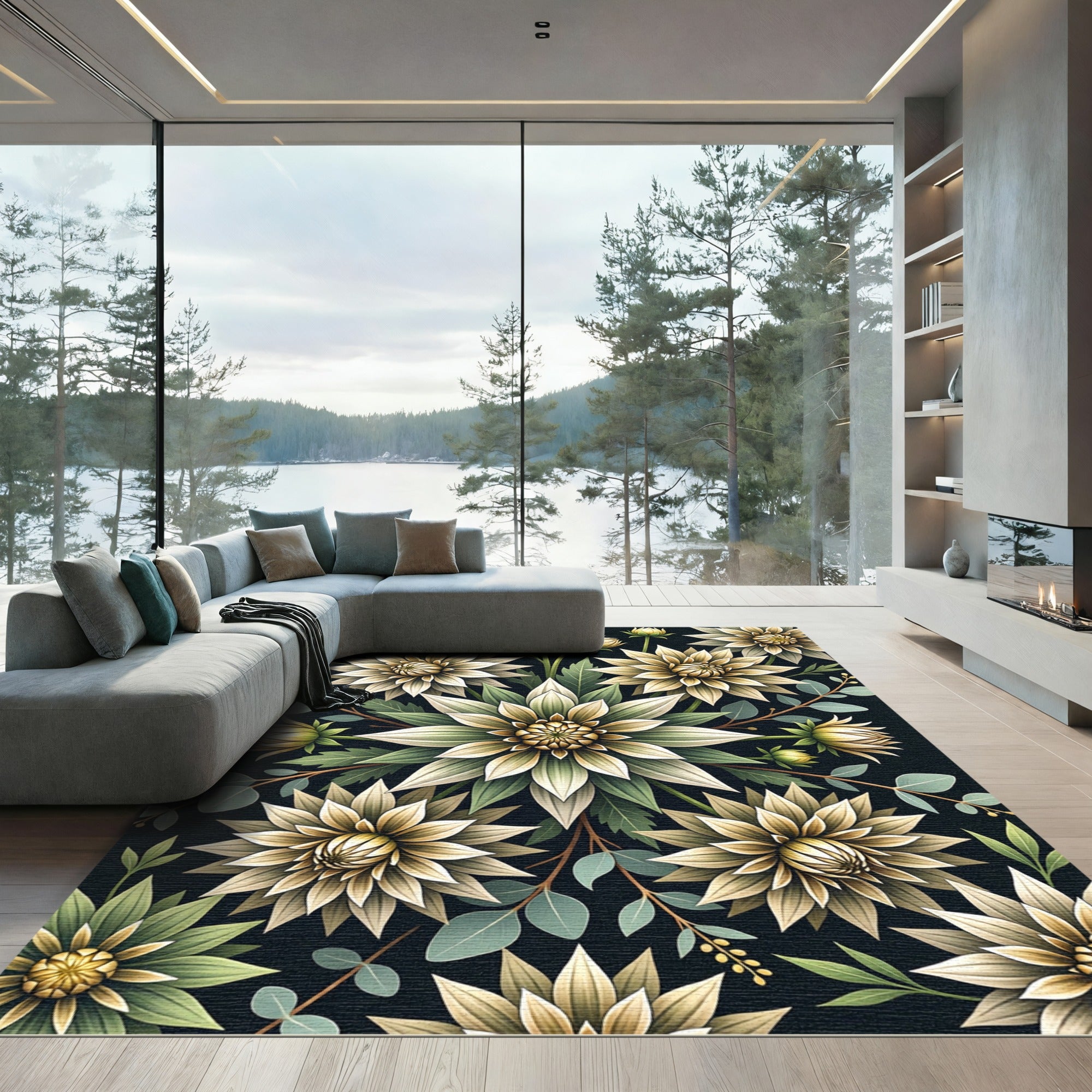 Golden Floral Bouquet Dark Botanical Rug