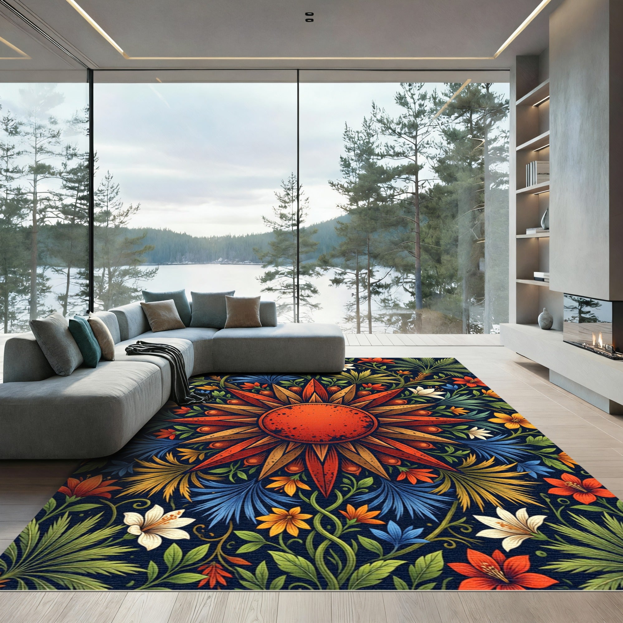 Vibrant Radiant Sunburst Floral Medallion Rug