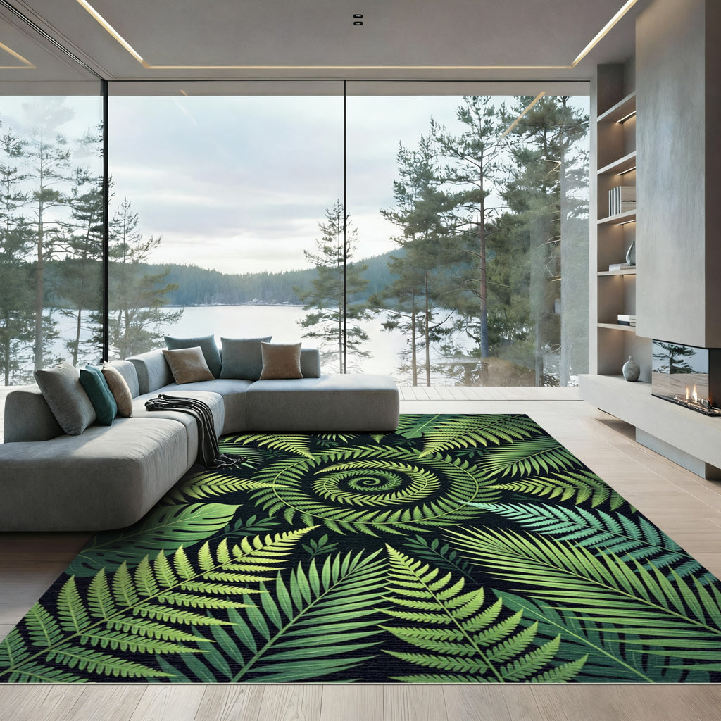 Lush Green Tropical Spiral Fern Rug