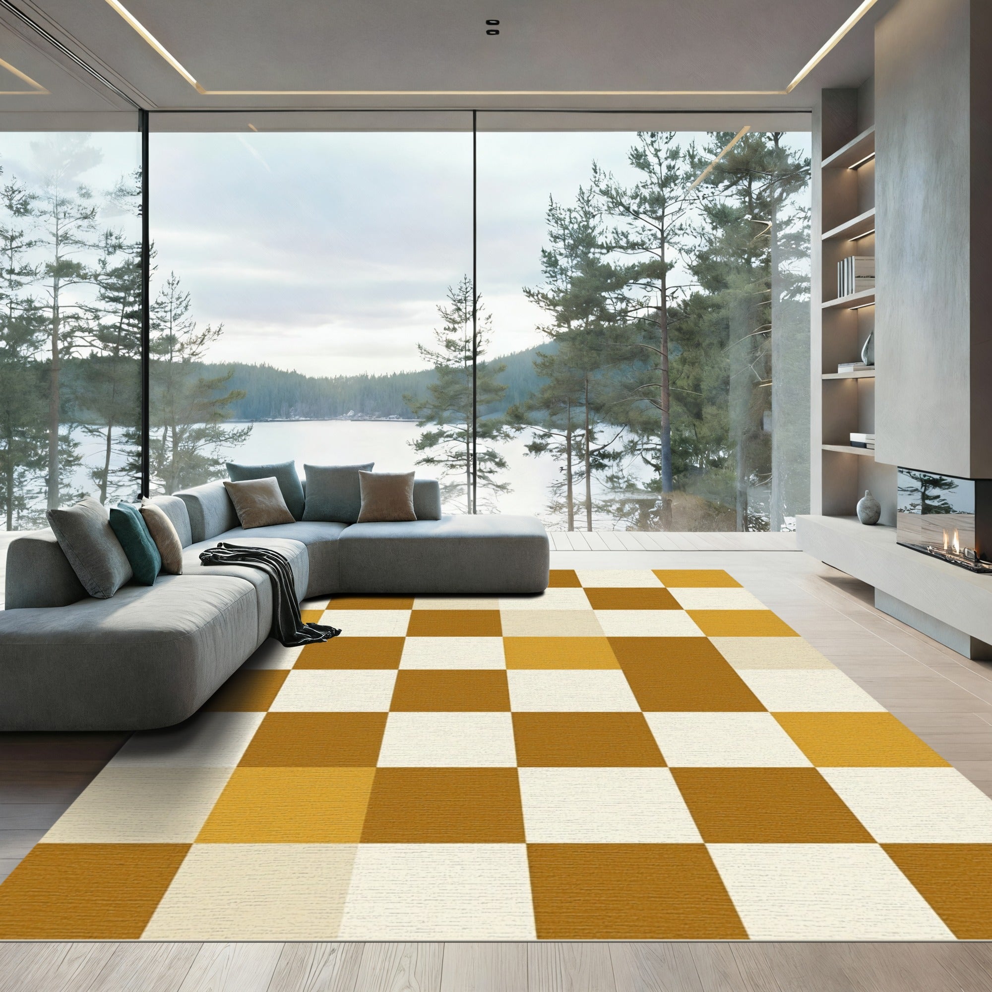 Brown Cream Checkerboard Geometric Square Rug