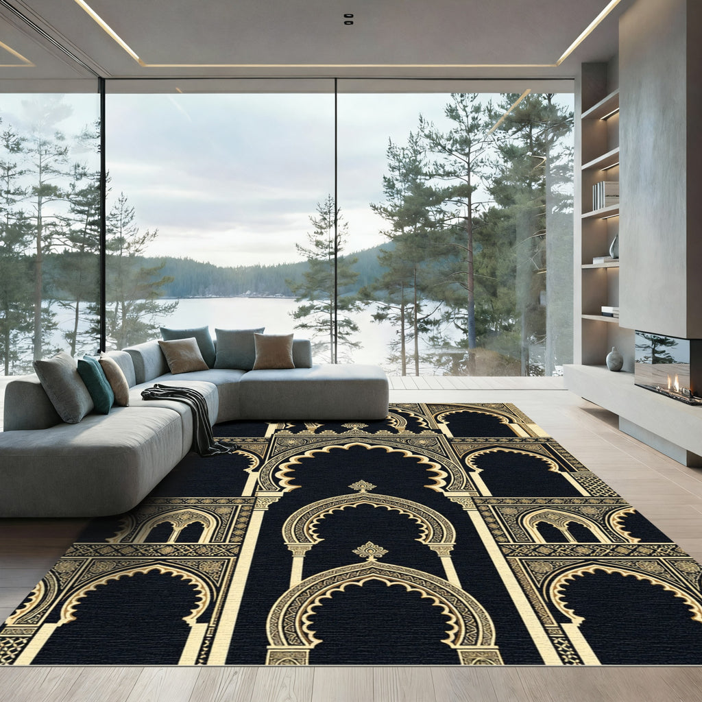 Gold Archway Black Geometric Ornate Rug